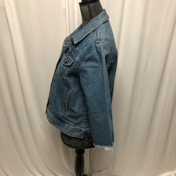 H and J Stretch Jean Jacket Rhinestones Womens Size Medium Denim Buttoned - Picture 3 of 9